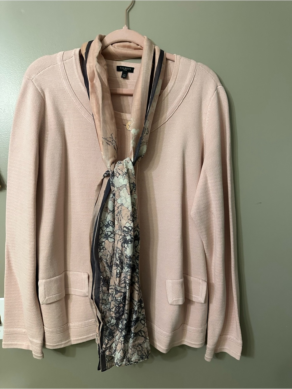 Talbots Light Blush Knit Jacket with Printed Scarf